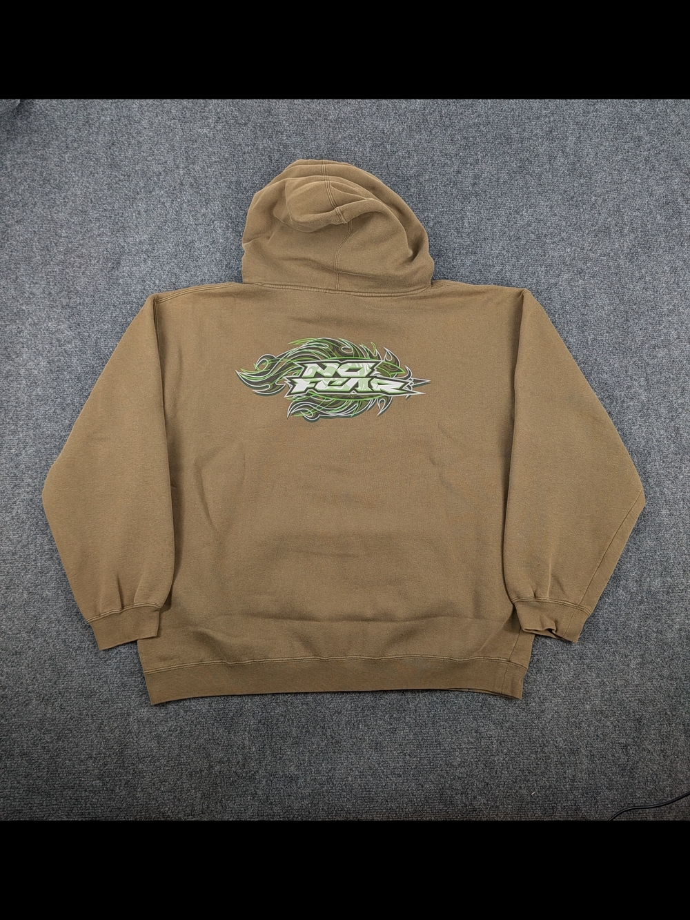 Vintage No Fear Hoodie Brown Y2K Streetwear Graphic Pullover Sweatshirt XL